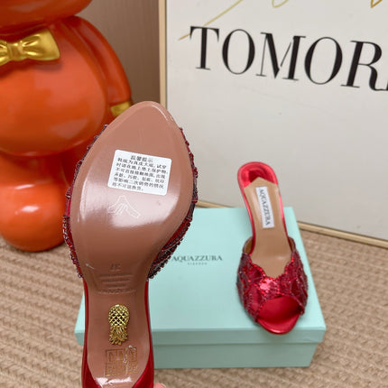 AQUAZZURA 26S GATSBY MULES 105 MM IN RED SEQUINED