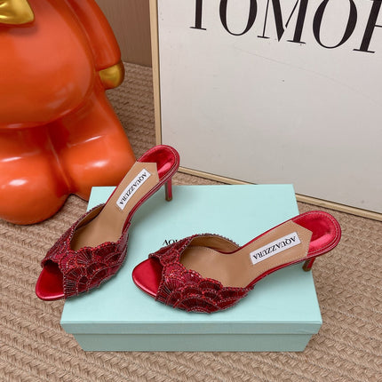 AQUAZZURA 26S GATSBY MULES 105 MM IN RED SEQUINED