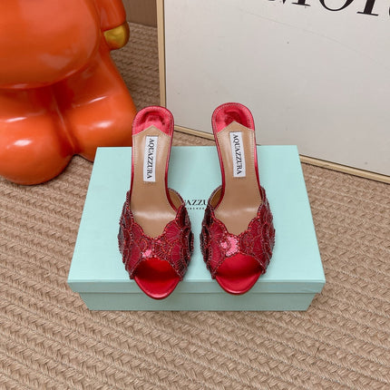 AQUAZZURA 26S GATSBY MULES 105 MM IN RED SEQUINED