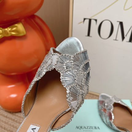 AQUAZZURA 26S GATSBY MULES 105 MM IN SILVER SEQUINED