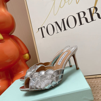 AQUAZZURA 26S GATSBY MULES 105 MM IN SILVER SEQUINED