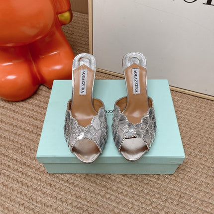 AQUAZZURA 26S GATSBY MULES 105 MM IN SILVER SEQUINED