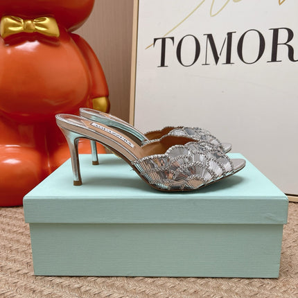 AQUAZZURA 26S GATSBY MULES 105 MM IN SILVER SEQUINED