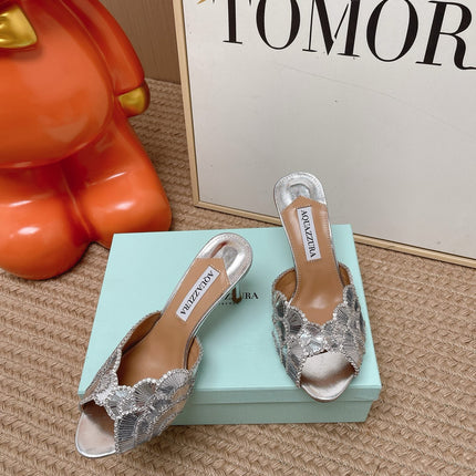 AQUAZZURA 26S GATSBY MULES 105 MM IN SILVER SEQUINED