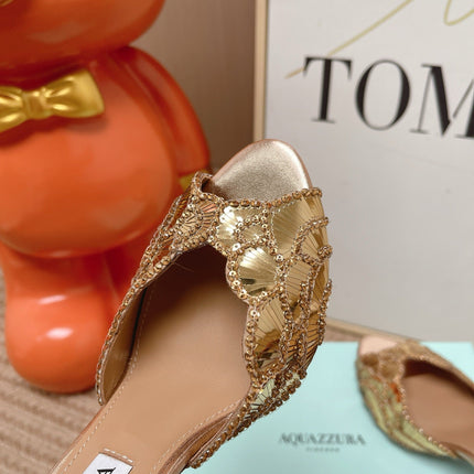 AQUAZZURA 26S GATSBY MULES 105 MM IN LIGHT GOLD SEQUINED