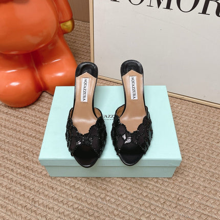 AQUAZZURA 26S GATSBY MULES 105 MM IN BLACK SEQUINED