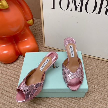 AQUAZZURA 26S GATSBY MULES 105 MM IN METALLIC PINK SEQUINED
