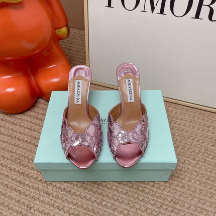 AQUAZZURA 26S GATSBY MULES 105 MM IN METALLIC PINK SEQUINED
