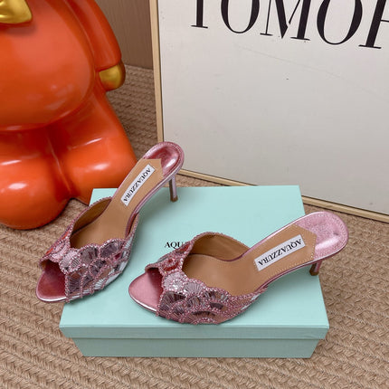 AQUAZZURA 26S GATSBY MULES 105 MM IN METALLIC PINK SEQUINED