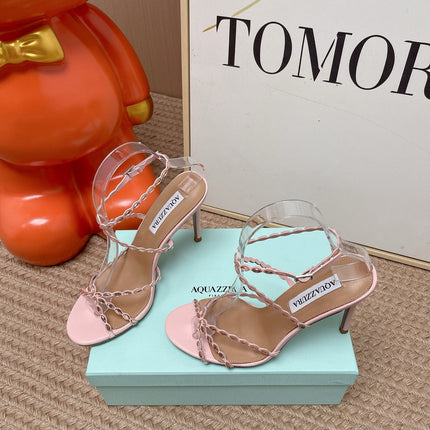 AQUAZZURA 26S HIGH HEELS 100 MM IN LIGHT PINK LAMBSKIN CRYSTAL EMBELLISHED