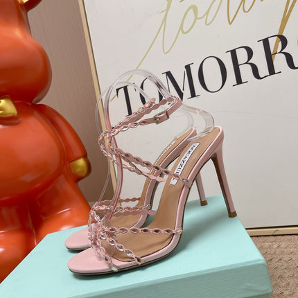 AQUAZZURA 26S HIGH HEELS 100 MM IN LIGHT PINK LAMBSKIN CRYSTAL EMBELLISHED
