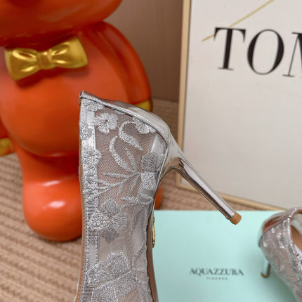AQUAZZURA 26S HIGH HEELS IN GREY FLORAL EMBROIDERED MESH