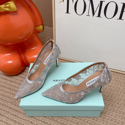 AQUAZZURA 26S HIGH HEELS IN GREY FLORAL EMBROIDERED MESH