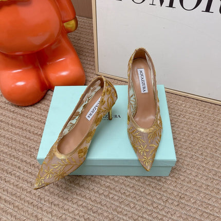 AQUAZZURA 26S HIGH HEELS IN GOLD AND BEIGE FLORAL EMBROIDERED MESH