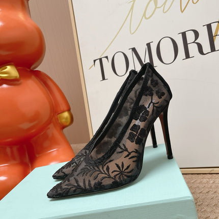 AQUAZZURA 26S HIGH HEELS IN BLACK FLORAL EMBROIDERED MESH