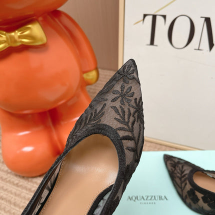 AQUAZZURA 26S HIGH HEELS IN BLACK FLORAL EMBROIDERED MESH