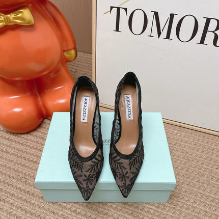 AQUAZZURA 26S HIGH HEELS IN BLACK FLORAL EMBROIDERED MESH