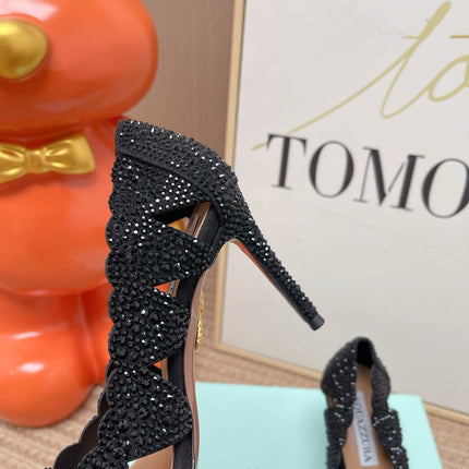 AQUAZZURA 26S POINTED-TOE HEELS 85 MM IN BLACK RHINESTONE EMBELLISHED