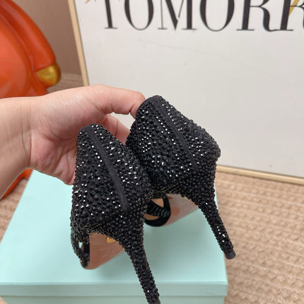 AQUAZZURA 26S POINTED-TOE HEELS 85 MM IN BLACK RHINESTONE EMBELLISHED