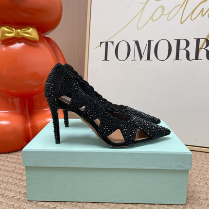 AQUAZZURA 26S POINTED-TOE HEELS 85 MM IN BLACK RHINESTONE EMBELLISHED