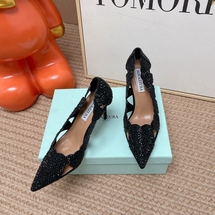 AQUAZZURA 26S POINTED-TOE HEELS 85 MM IN BLACK RHINESTONE EMBELLISHED