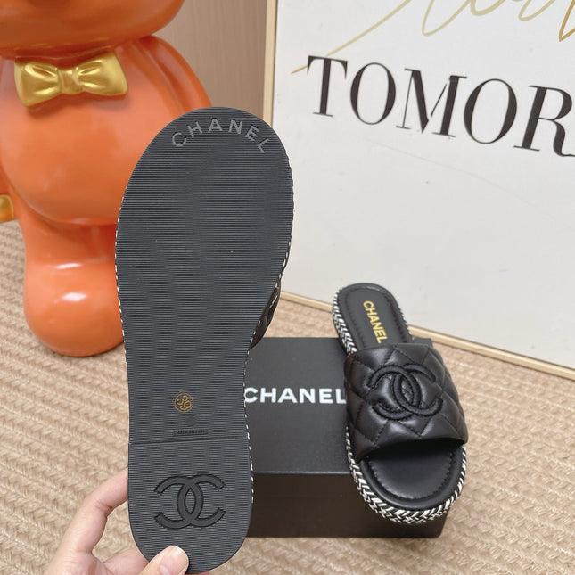 CHANEL 26S WEDGE SANDALS IN BLACK LAMBSKIN