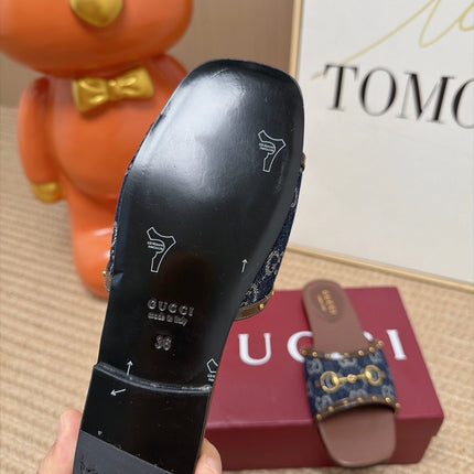 GUCCI 26S SLIDE SANDAL IN DARK BLUE DENIM AND BROWN LEATHER