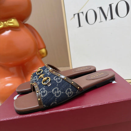 GUCCI 26S SLIDE SANDAL IN DARK BLUE DENIM AND BROWN LEATHER