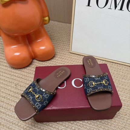 GUCCI 26S SLIDE SANDAL IN DARK BLUE DENIM AND BROWN LEATHER
