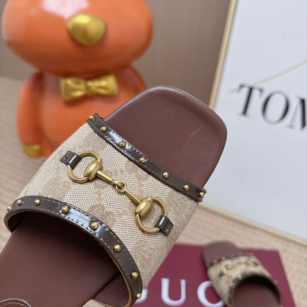GUCCI 26S SLIDE SANDAL IN BEIGE CANVAS AND BROWN LEATHER