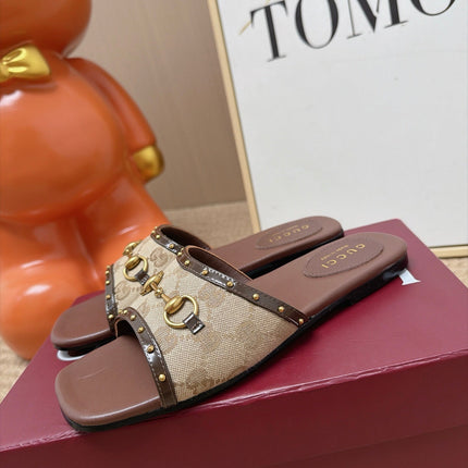GUCCI 26S SLIDE SANDAL IN BEIGE CANVAS AND BROWN LEATHER