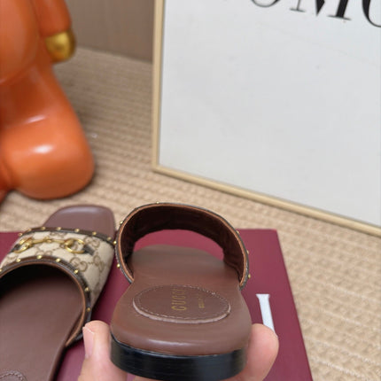 GUCCI 26S SLIDE SANDAL IN BEIGE CANVAS AND BROWN LEATHER