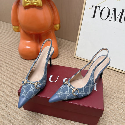 GUCCI 26S SLINGBACK HEELS 105 MM IN BLUE DENIM MIX LAMBSKIN