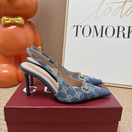 GUCCI 26S SLINGBACK HEELS 105 MM IN BLUE DENIM MIX LAMBSKIN