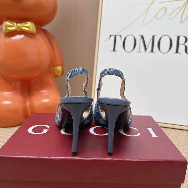GUCCI 26S SLINGBACK HEELS 105 MM IN BLUE DENIM MIX LAMBSKIN