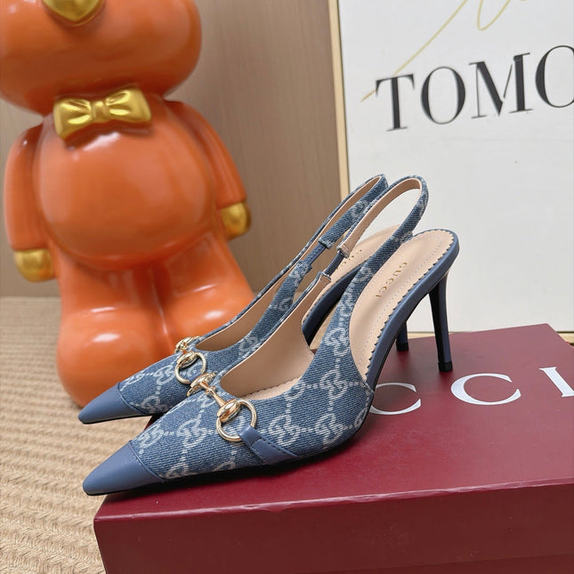GUCCI 26S SLINGBACK HEELS 105 MM IN BLUE DENIM MIX LAMBSKIN