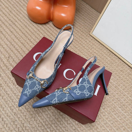 GUCCI 26S SLINGBACK HEELS 105 MM IN BLUE DENIM MIX LAMBSKIN