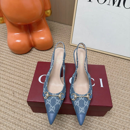 GUCCI 26S SLINGBACK HEELS 105 MM IN BLUE DENIM MIX LAMBSKIN
