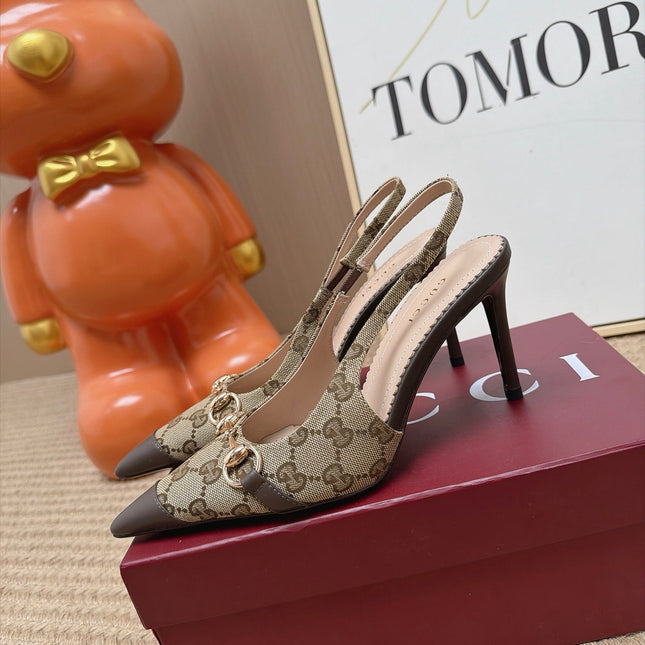 GUCCI 26S SLINGBACK HEELS 105 MM IN BEIGE CANVAS MIX BROWN LAMBSKIN