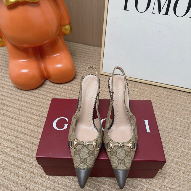 GUCCI 26S SLINGBACK HEELS 105 MM IN BEIGE CANVAS MIX BROWN LAMBSKIN