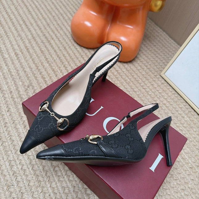 GUCCI 26S SLINGBACK HEELS 105 MM IN BLACK CANVAS MIX LAMBSKIN