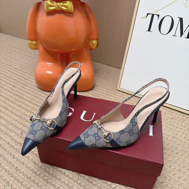 GUCCI 26S SLINGBACK HEELS 105 MM IN GREY CANVAS MIX NAVY BLUE LAMBSKIN