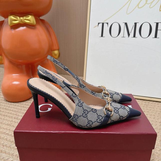 GUCCI 26S SLINGBACK HEELS 105 MM IN GREY CANVAS MIX NAVY BLUE LAMBSKIN
