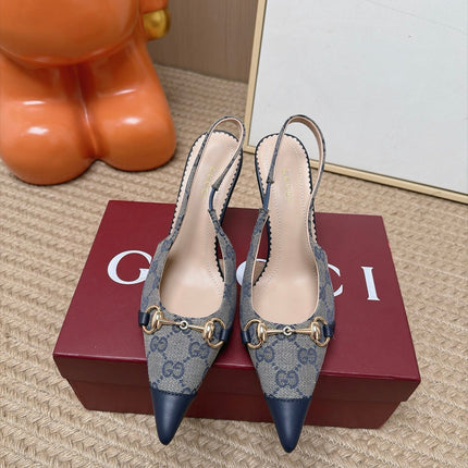 GUCCI 26S SLINGBACK HEELS 105 MM IN GREY CANVAS MIX NAVY BLUE LAMBSKIN