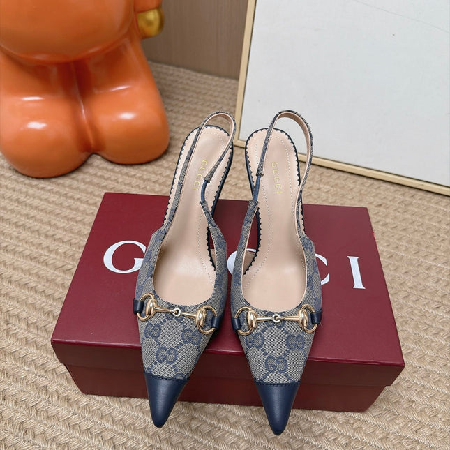 GUCCI 26S SLINGBACK HEELS 105 MM IN GREY CANVAS MIX NAVY BLUE LAMBSKIN