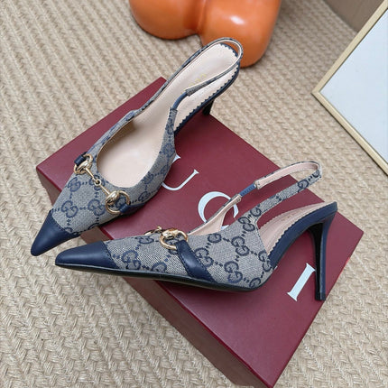 GUCCI 26S SLINGBACK HEELS 105 MM IN GREY CANVAS MIX NAVY BLUE LAMBSKIN