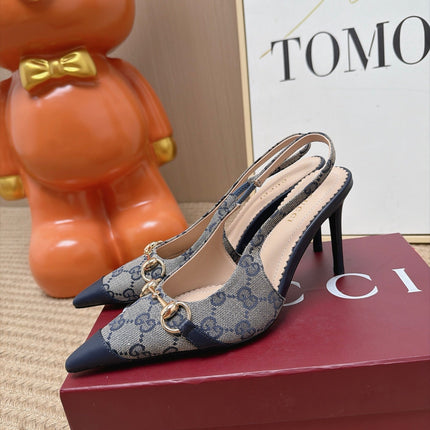 GUCCI 26S SLINGBACK HEELS 105 MM IN GREY CANVAS MIX NAVY BLUE LAMBSKIN