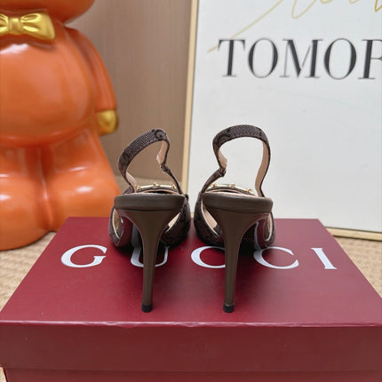 GUCCI 26S SLINGBACK HEELS 105 MM IN DARK BROWN CANVAS MIX LAMBSKIN