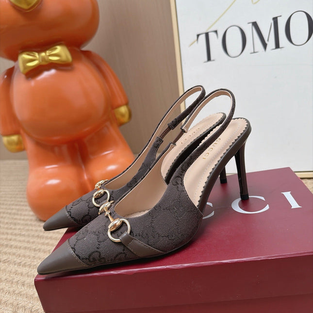 GUCCI 26S SLINGBACK HEELS 105 MM IN DARK BROWN CANVAS MIX LAMBSKIN
