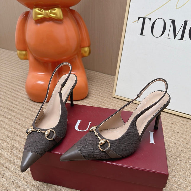 GUCCI 26S SLINGBACK HEELS 105 MM IN DARK BROWN CANVAS MIX LAMBSKIN